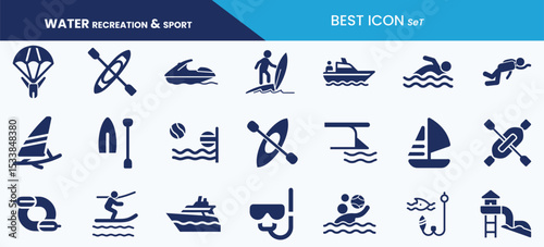 Best water recreation and sports icon set collection. Swimming, surfing, kayaking, jet skiing, scuba diving, snorkeling, sailing, canoeing and vector illustration.