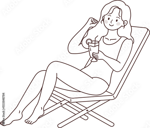 Woman Drinking Juice on a Poolside Sunbed, Vector