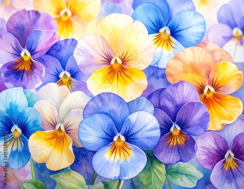 Vibrant watercolor pansies in bloom: blue, purple, yellow hues in a colorful garden