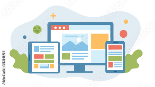 Illustration of responsive design showing a desktop computer tablet and smartphone screen display layout