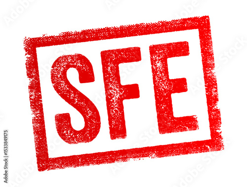SFE abbreviation stands for Supercritical Fluid Extraction, Society for Financial Education, School of Foreign Education, Standard Factory Equipment or Sales Force Effectiveness, text concept stamp