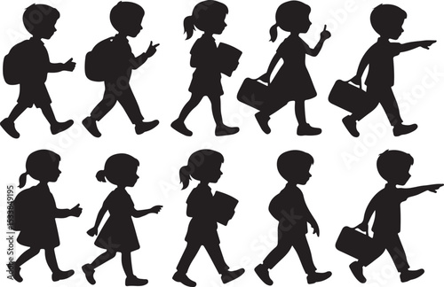 school children silhouette group of boys and girls walking with backpacks and school bags vector clipart