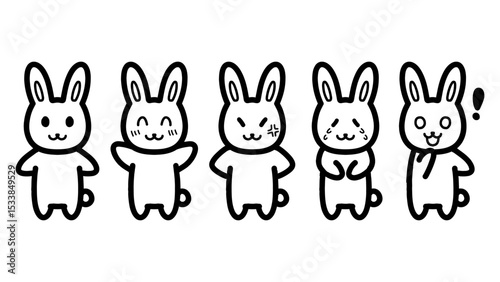 いろいろな表情のうさぎのキャラクターの手描きイラスト