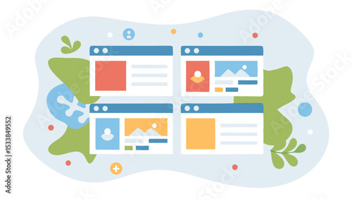 Illustration of four website templates with different layouts and color schemes displayed together