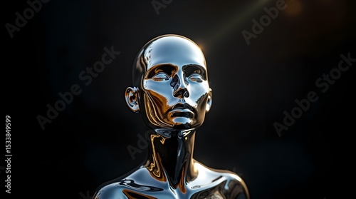 Metallic Humanoid Figure in Dark Ambiance: A Sleek, Reflective Sculpture, Spotlight and Ethereal Glow