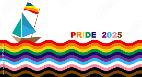 Pride 2025 Rainbow Flag LGBTQIA+ Wavy Banner. Equality, Inclusivity. Gay Pride template with LGBT Flag sign. Pride Month. Colorful design sea ​​waves with little boat background