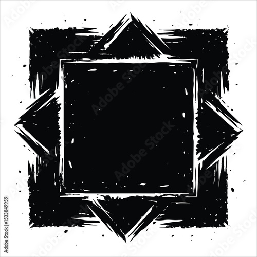 Abstract grunge squares with peeling texture, noise distortion, and uneven brush stroke borders in muted tones. Abstract black ink square frame isolated on white background