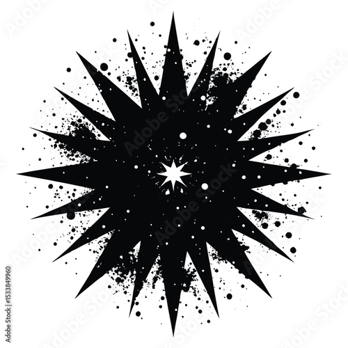 Abstract starburst grunge forms with smoky textures, gritty particle scatter, and eroded symmetry. Abstract black starburst shape isolated on white background