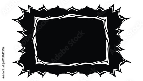 Black square shapes with ripped jagged borders. Black spiky square frame isolated on white background