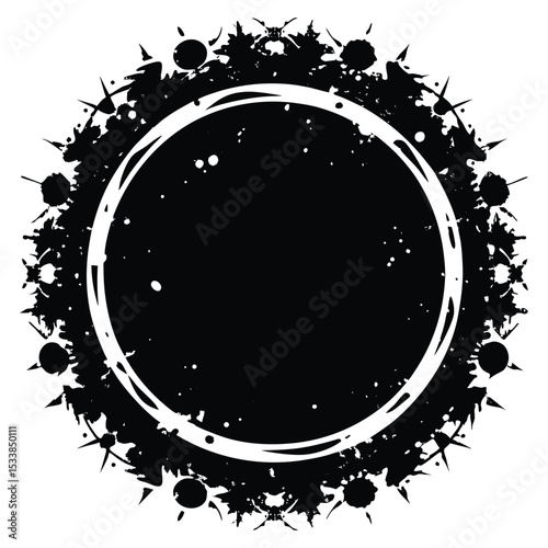 Distorted grunge circles with splatter edges, textured ink bleed, and cracked fill patterns. Abstract black ink circle frame isolated on white background