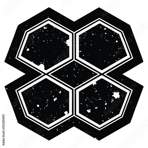 Jagged grunge hexagons with burnt edges, noise grain fill, and splattered ink marks. Abstract hexagon pattern graphic design element isolated on white background