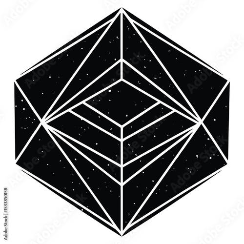 Layered polygonal shapes with patchy ink fills, uneven stroke weight, and bold grunge clipping marks. Abstract geometric hexagon shape isolated on white background