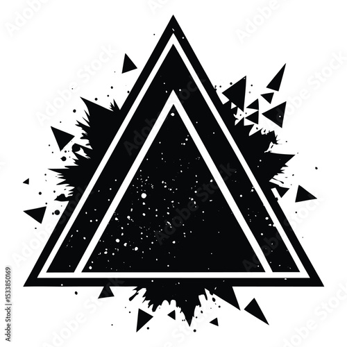 Rough grunge triangles with eroded edges, grainy overlays, and spray-paint accents in high-contrast black color. Abstract black triangle with splatter design isolated on white background