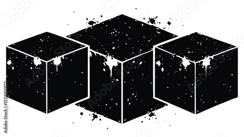 Set of box-shaped distressed overlay grunge one by one placed in silhouette with black texture and paintbrush stroke. Three black cubes with paint splatter isolated on white background