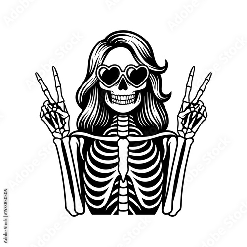 Sassy Skeleton, Vintage Hand Drawn Skeleton Woman with Peace Sign Illustration Graphic