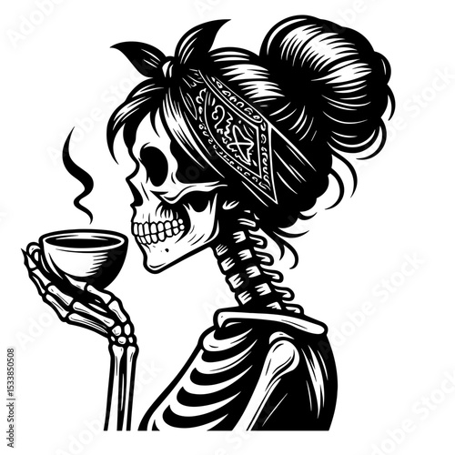 Sassy Skeleton, Handdrawn Spooky Skeleton with Coffee Cup and Bandana Illustration