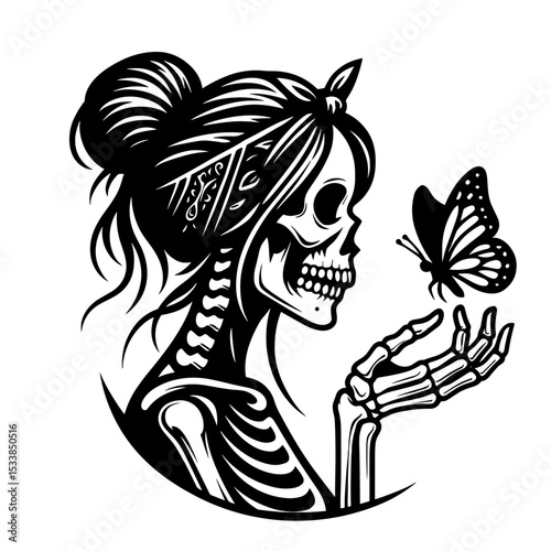 Sassy Skeleton, Grayscale Detailed Silhouette Female Skeleton with Butterfly Illustration Design