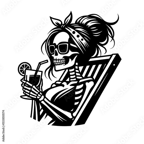 Sassy Skeleton, Grunge Detailed Skeleton Lounging on Beach Chair with Cocktail Illustration
