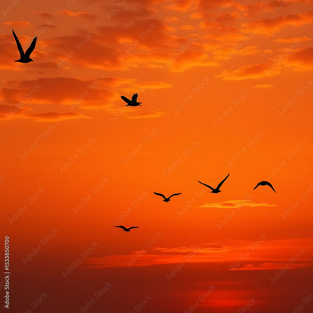 Fototapeta premium birds flying in the sunset-Migratory Birds Silhouettes at Dusk - Warm Evening Sky Stock Photo.png