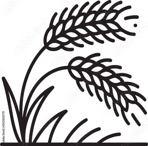 Wheat Stalks Icon: A simple yet evocative line art illustration of two wheat stalks swaying gently in the breeze, symbolizing harvest, agriculture, and natural abundance.