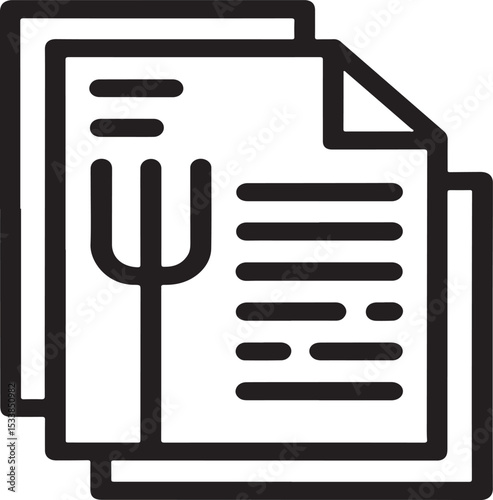 Culinary Document: An illustrative depiction of a detailed menu, showcasing a fork overlaid upon layers of paper sheets. The art piece gives off a visual representation for the art of food.