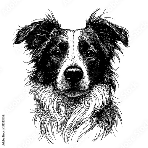 Black and white border collie sketch with intense facial expression