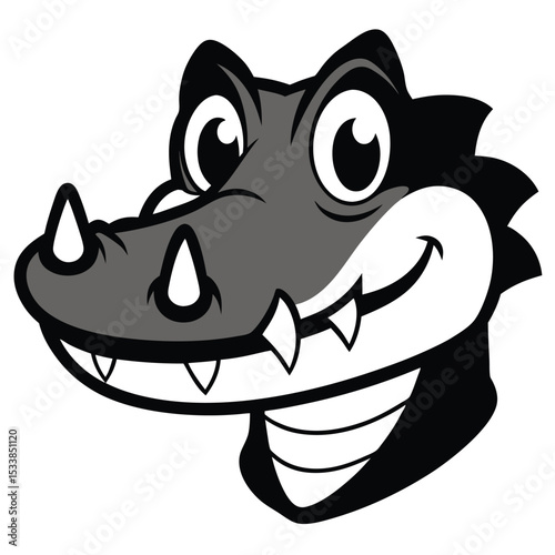 Happy cartoon alligator head in gray and black is smiling widely showing teeth