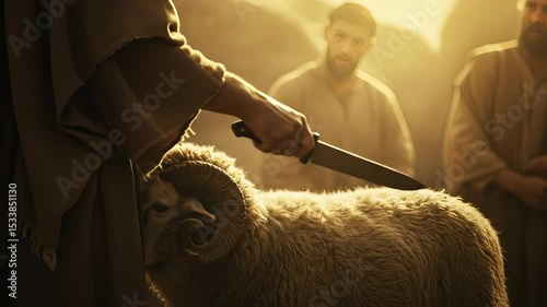 Symbolic ram sacrifice ritual with knife in ancient biblical scene, religious devotion