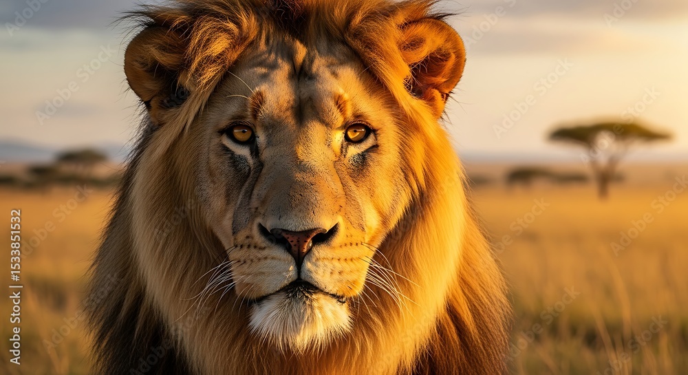 Naklejka premium Portrait of a Lion at Dawn in the African Savanna: Majestic, Powerful, Wild, Golden Sunlight, Cinematic, Close-Up Shot of the King of the Jungle.