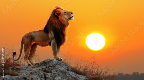 Majestic lion standing on rock at sunset, showcasing its powerful presence against vibrant orange sky
