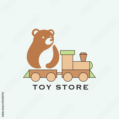 Playful toy store logo featuring a cute bear and a simple train, perfect for children's shops and educational play.
