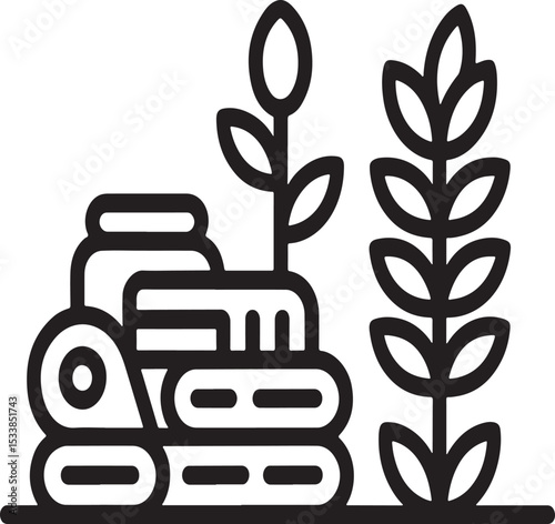 Harvest Bounty: Simple black and white line art depicts stacks of harvested grain, symbolizing prosperity. This simple vector illustration captures the essence of farming and abundance.