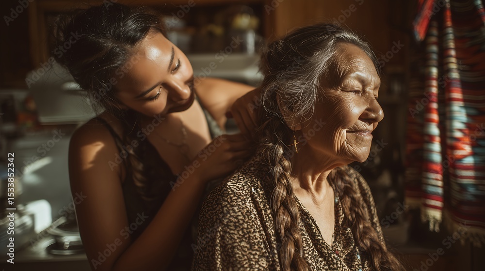 Fototapeta premium Tender Moment of Indigenous Woman Braiding Grandmother’s Hair – Ideal for Family, Caregiving, and Cultural Connection Stories