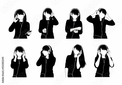 Woman wearing headphones listening to music poses