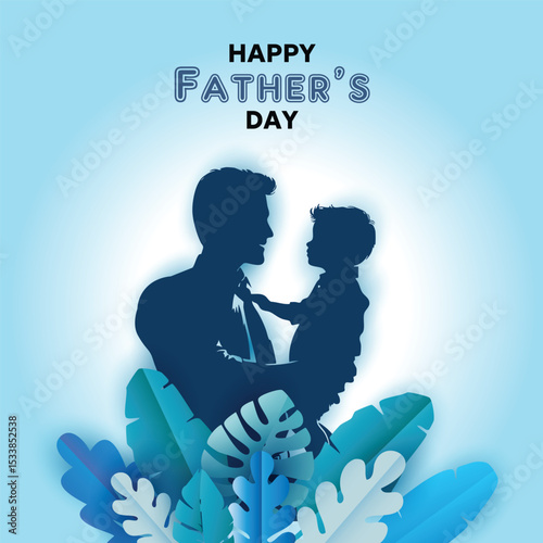 Happy Father's Day with dad and children silhouettes. Vector greeting card with a nice message of Father's Day.