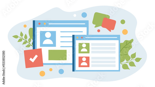 Illustration of two web pages with profiles and a check mark with leaves around it neatly done