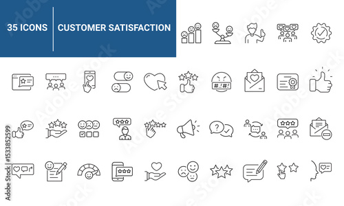 Customer satisfaction set of web icons in line style. Feedback icons for web and mobile app. Containing rating, like, dislike, customer experience, review, client satisfaction, testimonial and more