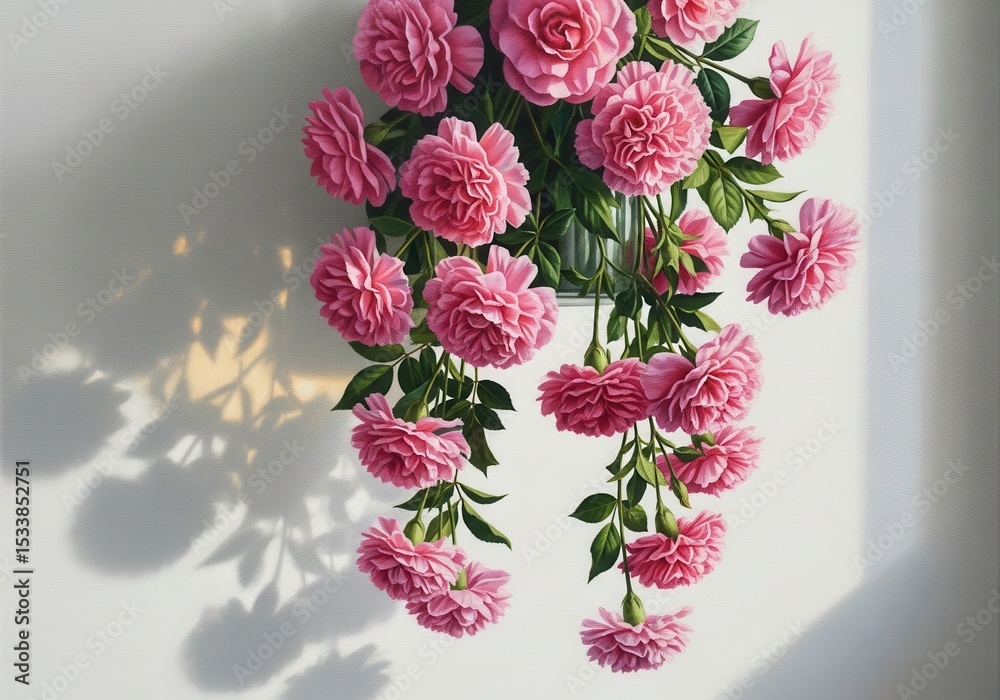Fototapeta premium Pink roses in vase casting shadow on white wall
