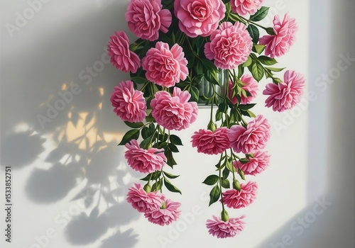 Pink roses in vase casting shadow on white wall