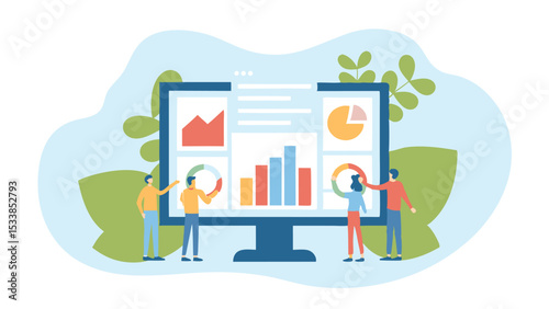 Team analyzing data charts and graphs on a large computer screen with a light blue background design element