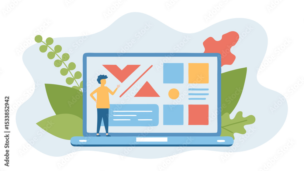 Naklejka premium Man standing next to a laptop with geometric shapes and leaves in a light blue background image