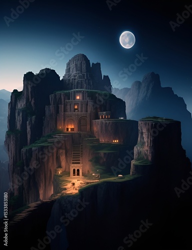 ゲーム背景　静かな夜空の崖の上のファンタジー世界神殿