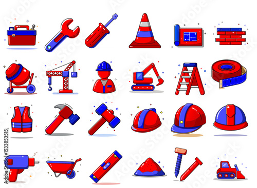 Construction tools and equipment in flat design with red accents  