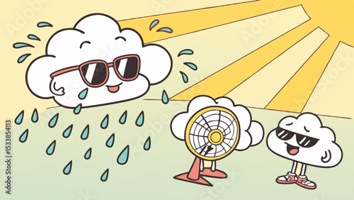 Cartoon clouds with sunglasses and rain interacting with a fan under a sunny sky illustration