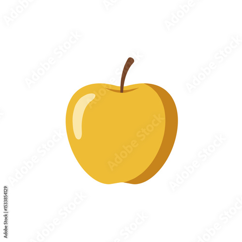 A vibrant yellow apple with a brown stem against a minimalistic white background