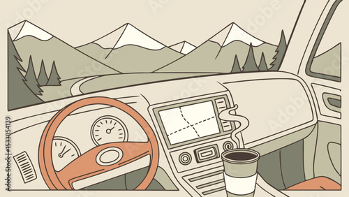 View from inside a car driving through a mountain landscape with coffee on the dashboard showing gps 100