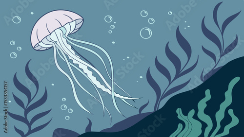 A jellyfish with long tentacles swimming in the ocean with seaweed and bubbles in the background scene