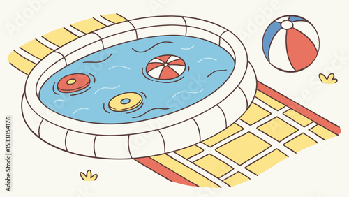 Illustration of an inflatable pool with water, floaties, and a beach ball on a patterned blanket outdoors