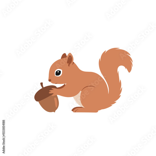 Cute cartoon squirrel holding an acorn, set against a simple white background