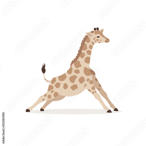 A playful giraffe trotting across a bright white background, showcasing its unique spots